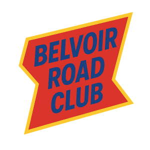 The words BELVOIR ROAD CLUB in blue, written on an angular abstract red shape with yellow border. No background
