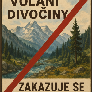 Pohled na horskou divočinu s nápisem ,,Volání Divočiny'' a k tomu odseknutí ,, Zakazuje se''.