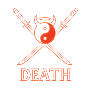 Logo Sabaton a powerwolf, zkřížené neon červené krev katany, jin a jang- svatozář a rohy, svítivý text death