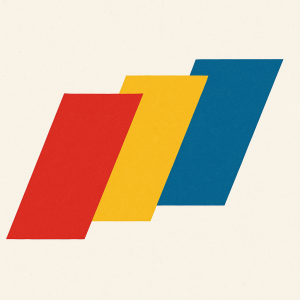 Three random parallelograms, one red, one yellow, one blue. All connected and slightly overlapping
