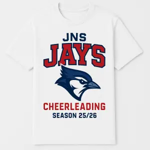 udej tricko pro JNS JAYS, jsme sportovní cheerleadingovy tým, barva, bila, června, tmavé modra a sojka třeba, sezona25/6