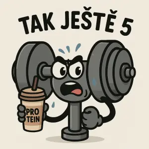 Vtipná posilovací činka s proteinovým drinkem v ruce a s nápisem “ tak ještě 5”