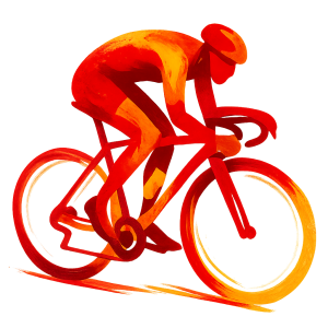 Abstract illustration of a racing cyclist in red and yellow. No background