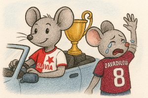 Kreslena myš v dresu slavia řidi auto a vzadu auta ma pohar pro viteze. Myš v dresu sparta 8 ZAVADILOVÁ mava a breči