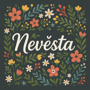 Bílý text "Nevěsta", květinovy okolo
