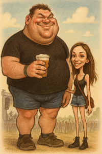 Jsme par, ja jsem 2metry velký a 150kg a přítelkyně je malá a hubena. Pojedeme na hudební festival. Karikatura