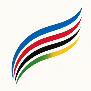 An abstract swish featuring lines in cycling world champion colors. Blue, red, black, yellow, green