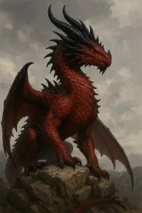 Červený drak s ebenovými rohy a ostny, stojící na skalce.