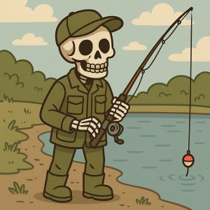 Kreslená ilustrace postavy kostlivce oblečeného jako rybář v olivově zeleném oblečení a s kšiltovkou. Kostlivec stojí v