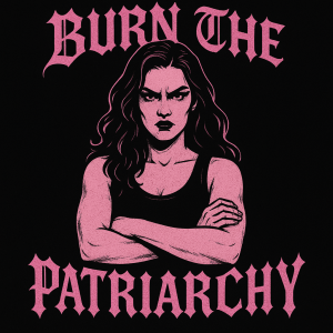 velmi goth ruzovy napis BURN THE PATRIARCHY, drsne baddie tricko s zenou, uplnou silnou zenakou energii