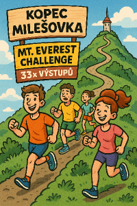 kopec milešovka, Mt. everest chelleng, 33x výstupů, vytvoř to jako cartoon, postavičky běžcu na kopci, udělej to barevn