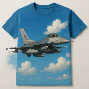 Letící stíhačka F16 na nebi, tj. modré pozadí s bílými mraky. Stíhačka na větší části obrázku vepředu na tričku.