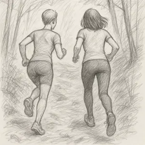 na obrázku jsou dvě ženy, jedna krátké vlasy druhá po ramena jak běží lesem, pohled ze zadu jak běží do kopce, jen skica