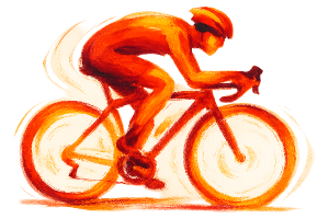 Abstract illustration of a racing cyclist in red and yellow. No background