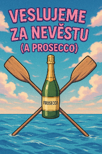 Nápis veslujeme za nevěstu (a prosecco) a pod tím dvě zkřížená vesla na vodě a lahev proseccca do anime motivu