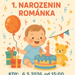 pozvánka na oslavu 1. narozenin Románka.styl dětská batolecí oslava datum: 6.5.2026od: 15:00hkde: Vltava Čez areál