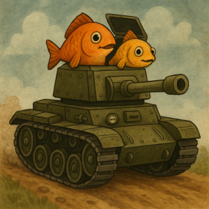 Two fish driving armored tank