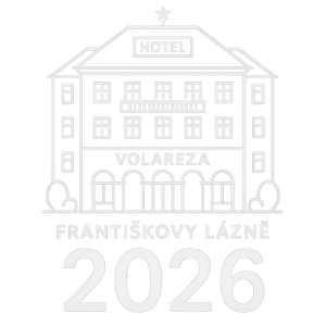 Bílý obrys hotelu Volareza Františkovy Lázně s číslem roku 2026