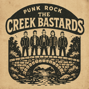 punkock band the creek bastards vintage logo napis ve stylu retro, kameny most pres potok pět mužských postav