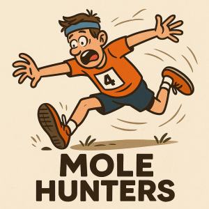Běžec který je v pádu po zakopnutí, směrem dolů padá ale nedopad, humorný cartoon pro název běžeckého tým "Mole hunters"