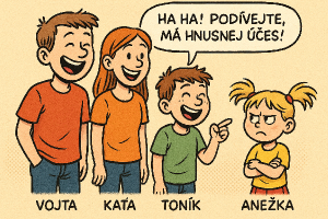 obrázek nás čtyř sourozenců nějaký komiksoví postavičky já Vojta pak sestra Káťa, Toník a Anežka nejaký vtip