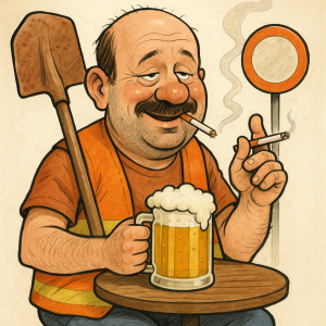 karikaturu muže, cestáře, co má rád pivo a cigarety, méně vlasů, bez helmy, vousy jen kolem pusy. 55let