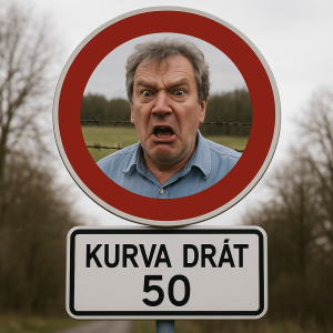 Kulatá dopravní značka v ní vlastní fotografie,pod značkou dodatková tabulka s nápisem kurva drát Brabiho 50