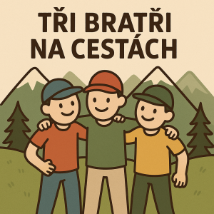 Tři bratři na cestách slovy a k tomu nějaký obrázek kde budou 3 panacci s kšiltovkou a držet se za ramena a za nimi hory