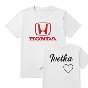 Na přední straně logo Honda znak .Na zádech jméno Ivetka decentní srdceSrdce jen jako decentní obrys