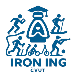 Logo štafetové akce ČVUT s názvem IRON ING. Součástí je běh, orientační běh, paddleboard, koloběžka a biatlon.