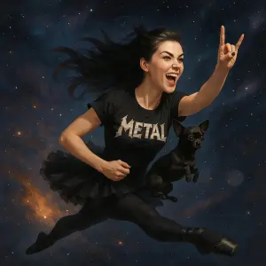 Žena s černou civavou letí vesmírem , je to velká fanynka metalu a zároveň baletka