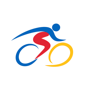 An swish moving from left to right in the colors blue red and yellow no background. It is a cycling logo. No background