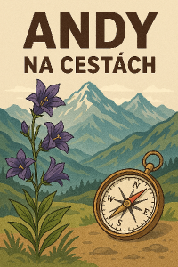Hory, kompas, rostlina zvonku a nápis Andy na cestách