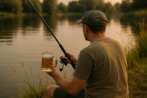 Muž Který má rád ryby , nohejbal a rád si dá pivo Super ale lepší by bylio kdyby muž sedel u vody nebyla vidět tvar