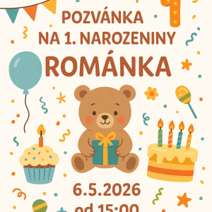 Pozvánka na 1. narozeniny Románkadatum: 6.5.2026 od: 15:00hstyl: pozvánka na dětskou oslavu