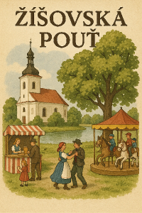 Žíšovská pouť, bez datumu, v pozadí kostel, lípa a rybník