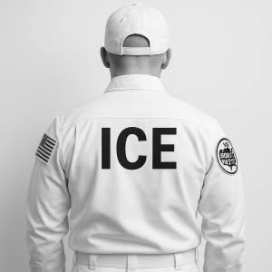 chci včechno v bíle barvě, na levém rameni americká vlajka, na levém bude us border patrol logo, napis zádech ICE