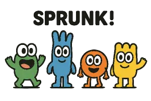 Vygeneruj mi kreslené 4 postavičky SPRUNKI, jednoduchá barevná grafika