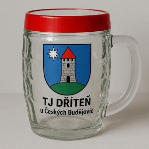 Půllitr s červeným lemováním po celém vrchu a znak tj Dříteň u českých Budějovic