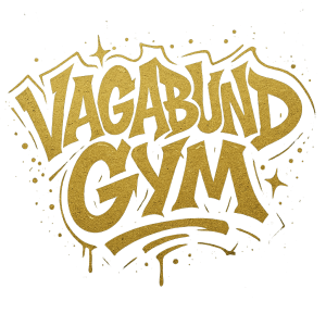 Černo zlatý nápis ve stylu grafity: VAGABUND GYM