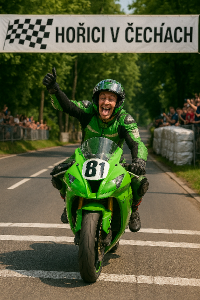 Humorny motocyklovy zavodnik na zelene silnicni motorce s cislem 81projiici cilem motocyklove trati v Horicich v Cechach