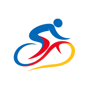 An swish moving from left to right in the colors blue red and yellow no background. It is a cycling logo. No background