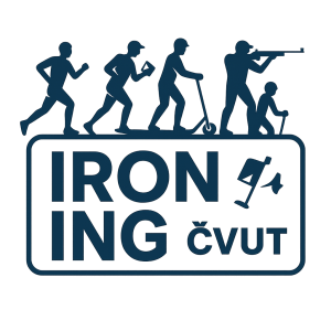 Logo štafetové akce ČVUT s názvem IRON ING. Součástí je běh, orientační běh, paddleboard, koloběžka a biatlon.