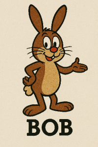 Králík Bob z české pohádky Králíci z klobouku, pod králíkem nápis Bob