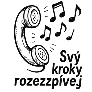telefonní sluchátko, kreslené, černobílé bez pozadí, z něho vycházejí noty, text: Svý kroky rozezpívej