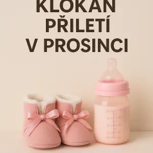Dětské botičky dětská flaška a napis klokan přiletí v prosinci