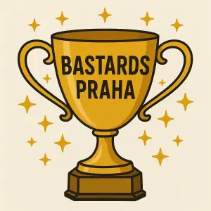 zlatý pohár s nápisem BASTARDS PRAHA a kolem něj zlaté hvezdičky