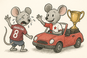 Kreslena myš v dresu slavia řidi auto a vzadu auta ma pohar pro viteze. Myš v dresu sparta 8 ZAVADILOVÁ mava a breči