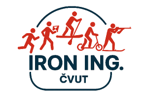 Logo sportovní štafetové akce ČVUT s názvem Iron Ing. Součástí je běh, orientační běh, paddleboard, koloběžka, biatlon.