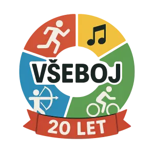 Logo sportovně kulturní akce s názvem Všeboj, která slaví dvacáté výročí. Akce se vyznačuje extrémní pestrostí aktivit.